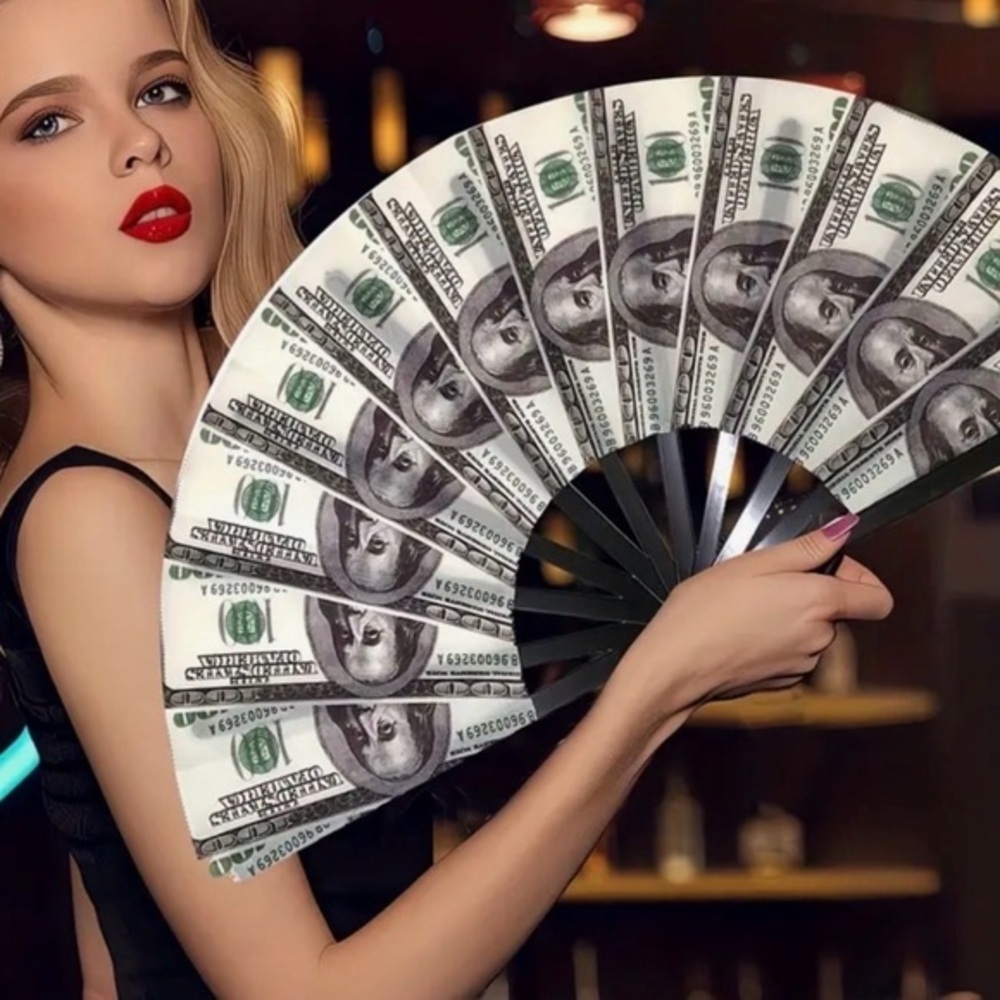 Money Print Folding Fan Dollar Bill Y2K Hand Fan Statement Accessory Rave Party